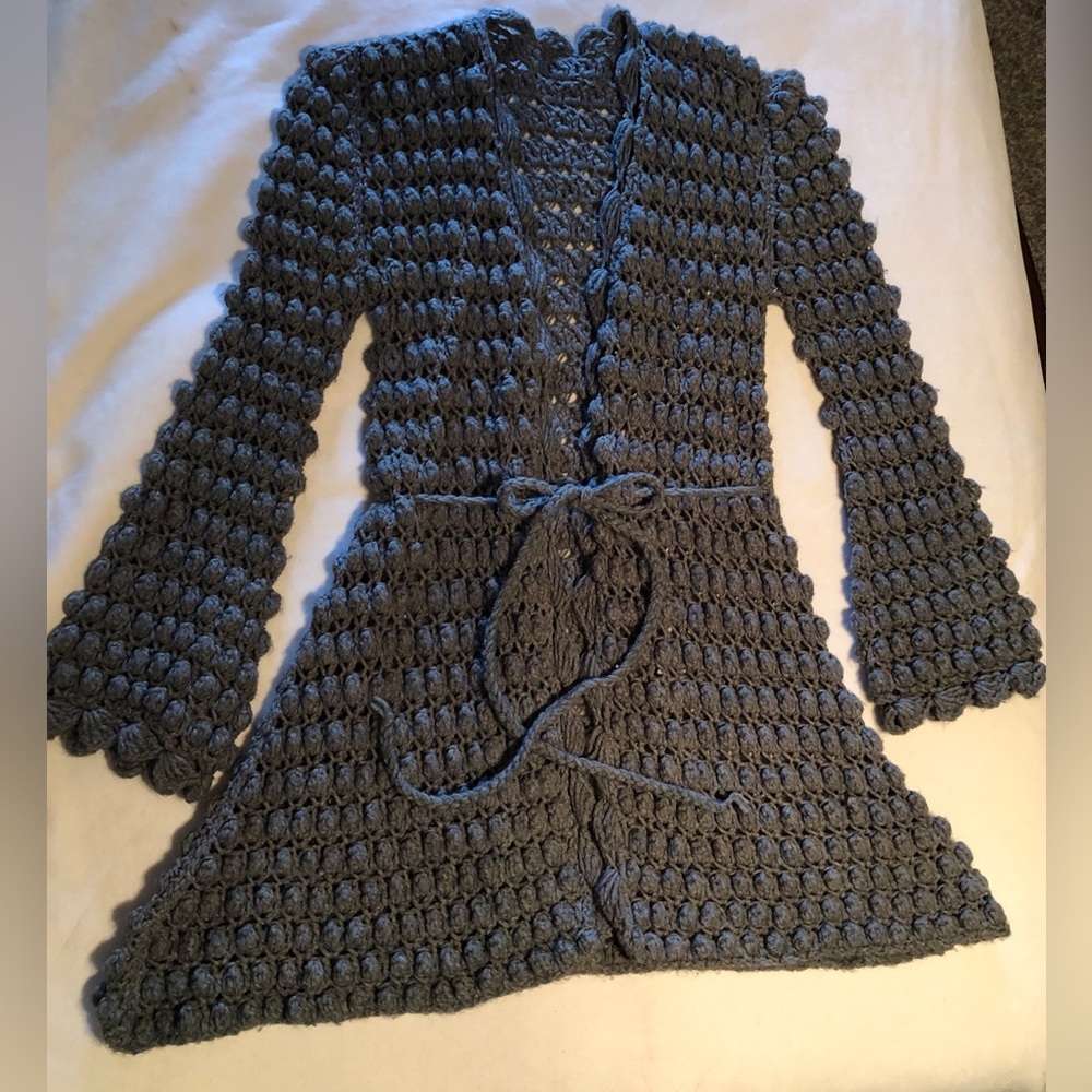 PREOWNED Handmade gorgeous Gray Crochet Cardigan with waist rope size S/M